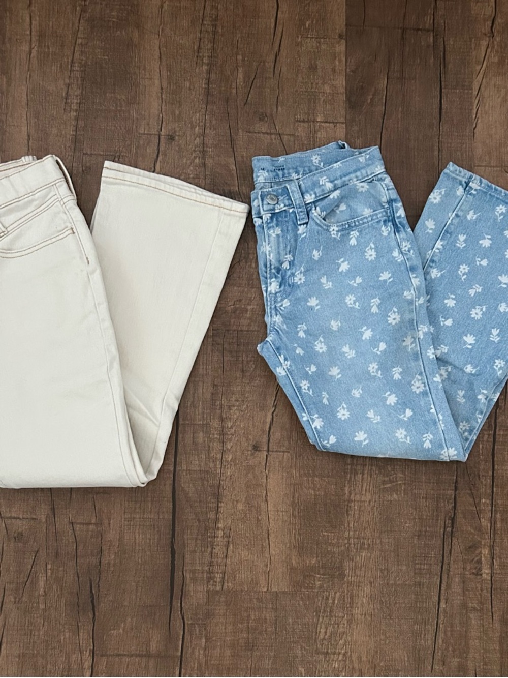 Girls Old Navy Light Blue Floral & Cream High Rise Flare Jeans Adjustable Waist